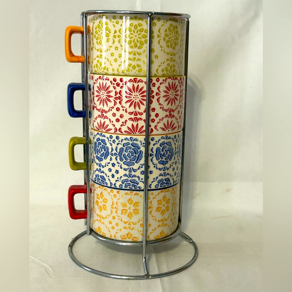 Pier 1 Imports Stackable Mugs Multicolor Floral Pattern Set Of 4  W/Metal Rack